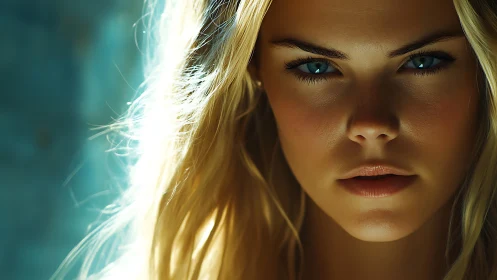 Intense close-up portrait of blonde woman in soft light.