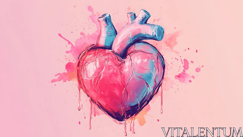Stylized anatomical heart with drips on pink background.