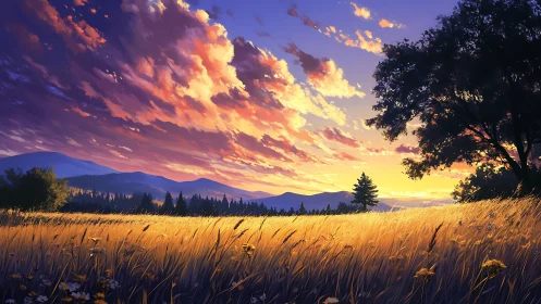 Golden field stretches toward distant mountains at sunset
