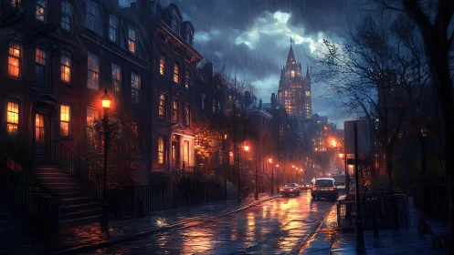 Rain-soaked city street with lit townhouses and tower at dusk.