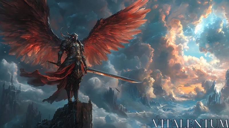 Armored winged warrior overlooking storm-split heavens.