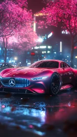 Sleek red sports car glows under neon lights and pink trees