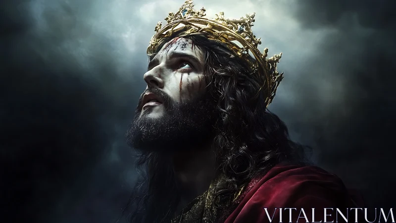 Crowned figure in stormlit chiaroscuro with bleeding visage study.