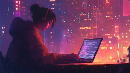 Neon city coder immersed in glowing cyberpunk skyline.