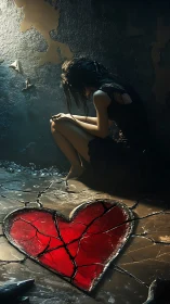 Cracked red heart icon beneath desaturated kneeling figure.