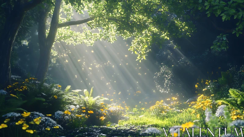Sunlit forest glade with luminous wildflowers and misted rays.