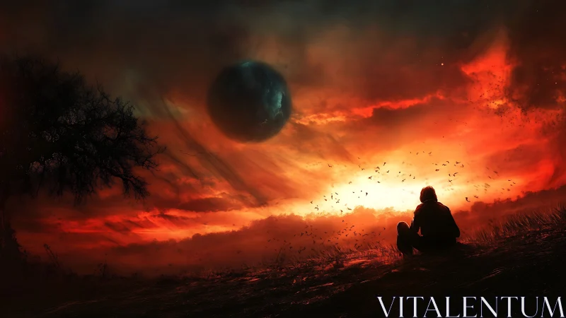 Solitary figure watches dark planet over burning horizon