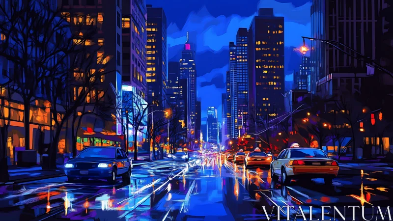 Digital painting of neon-lit wet city street with taxis at dusk.