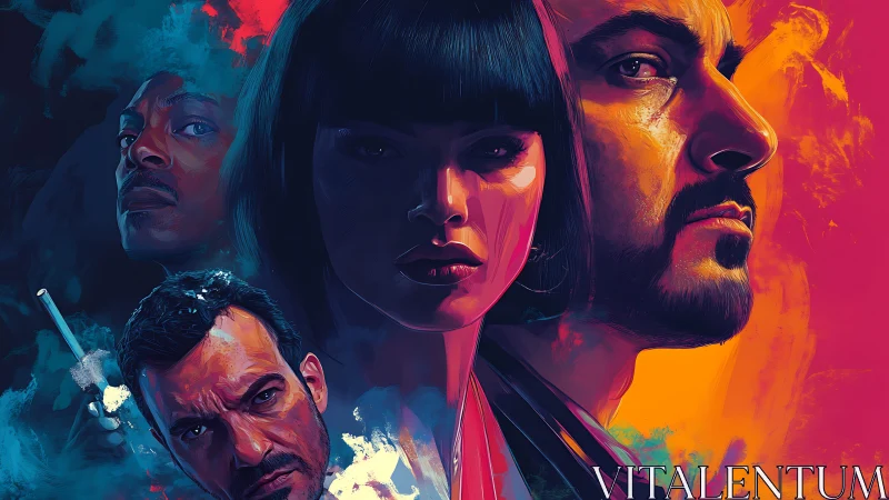 Stylized portrait montage shows four intense faces in color contrast