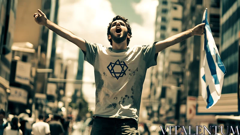 Skyward shouts crown a lone protester in sunlit streets