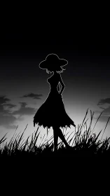 Silhouette of girl in hat stands in grass against twilight sky