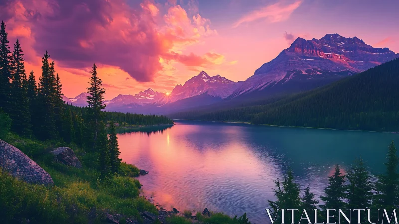 Alpine glacial lake at sunset with conifer forest and peaks