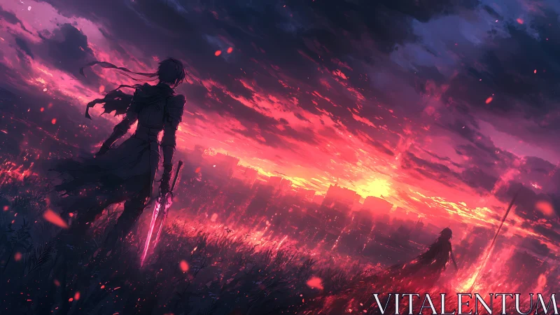 Backlit duelists in incendiary dusk-sky battlefield tableau.