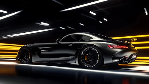 Black performance coupe in motion within light tunnel.