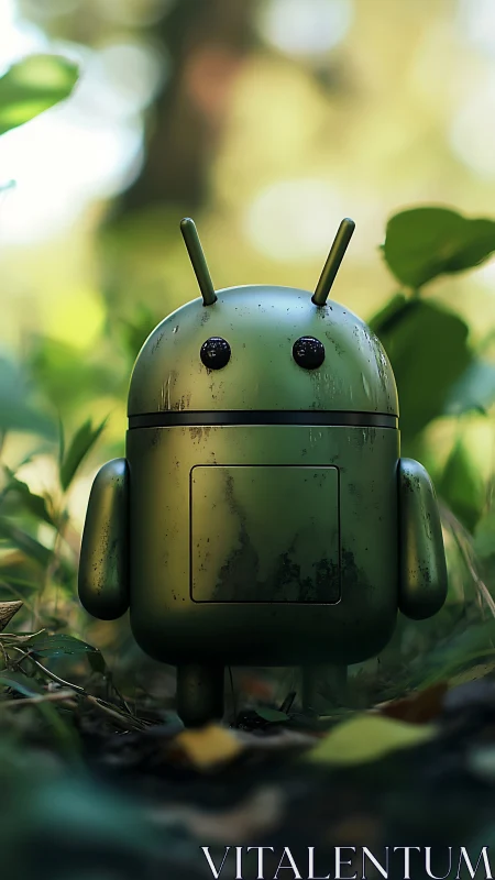 Forest explorer bot gleaming softly in sun-dappled undergrowth.