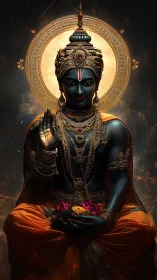 Digitally rendered blue-skinned deity with ornate halo.