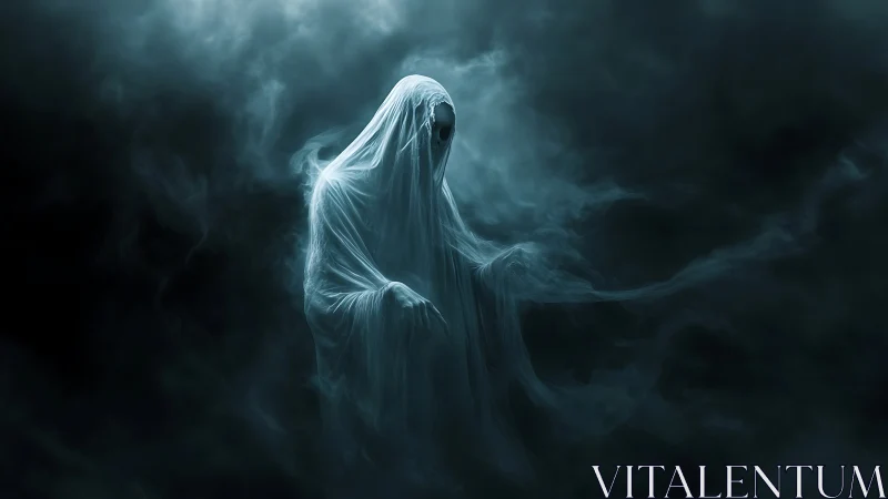 Shrouded ghost drifts through midnight fog and silent dread.