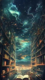 Starlit Library Gateway Where City Lights Meet Constellations.