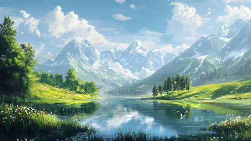 Wide alpine lake reflecting snow-capped peaks under volumetric clouds