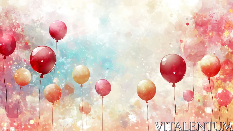 Digital render of floating balloons against soft watercolor gradient background.