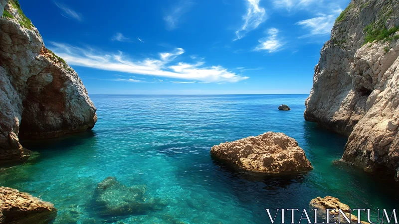 Rocky coastal inlet shows clear turquoise sea and horizon