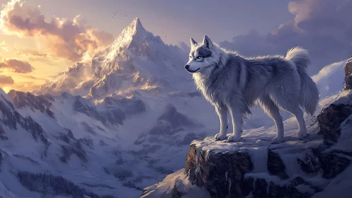 White wolf stands on snowy cliff against glowing mountain.