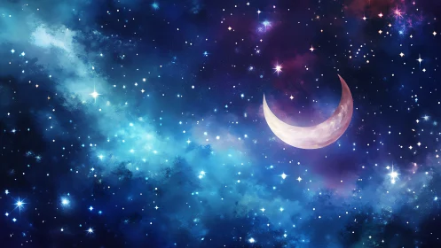 Curved crescent moon layered over dense nebular starfield gradient