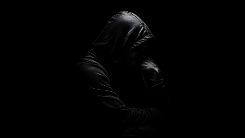Hooded figure in profile isolated against dark black background.