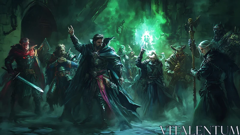 Dark fantasy mage council channeling emerald arcane power.