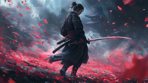 Samurai in crimson storm, dynamic digital battle tableau.