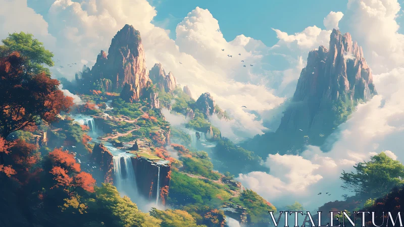 Epic fantasy mountain range with tiered waterfalls composition.