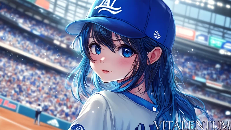 Blue-haired baseball dreamer glows beneath stadium lights.