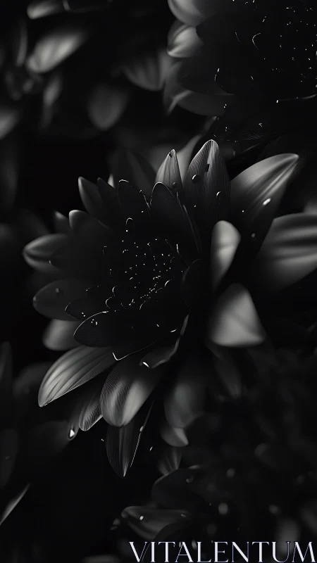 Black and white macro photograph of lily flower with pollen particles.