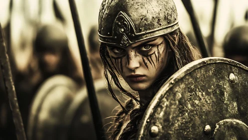 Warrior maiden in battle-worn armor with intense gaze.