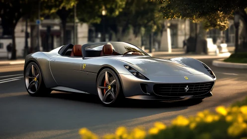 Silver convertible sports car is parked on a sunlit street