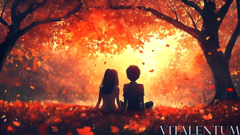 Autumn-lit children beneath fiery trees at sunset glow.