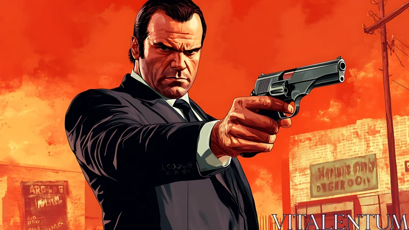 Ballistic perspective on suited gunman in stylized urban inferno.