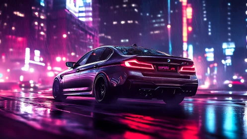 BMW sedan in neon lit rainy city street at night scene.