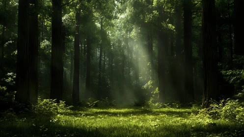 Forest Interior with Crepuscular Light and Grassy Clearing