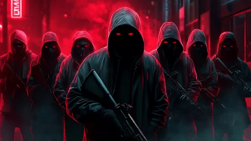Hooded armed figures stand in formation in red urban lighting