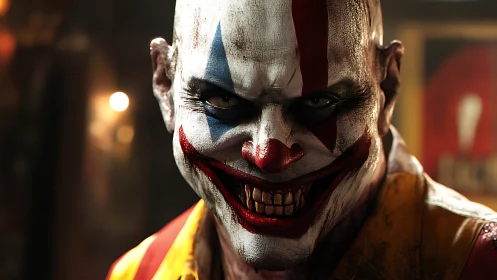 Sinister clown portrait glows in menacing carnival light