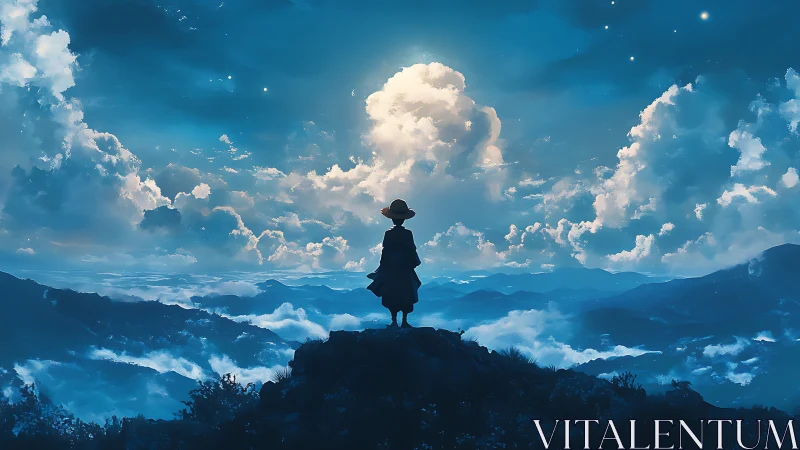 Lone traveler watches glowing clouds above blue mountains.