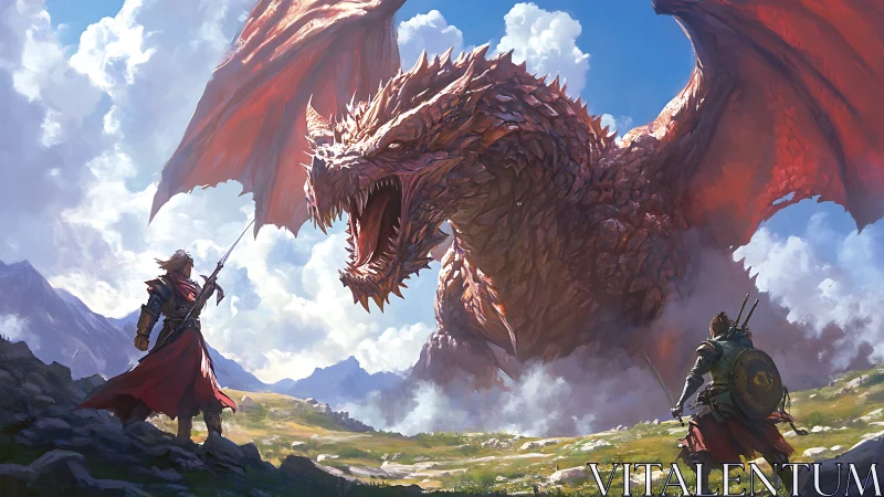 Titanic crimson dragon confronting armored warriors in valley.