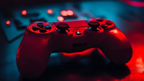 Neon-lit PlayStation Controller in Cyberpunk Scene.