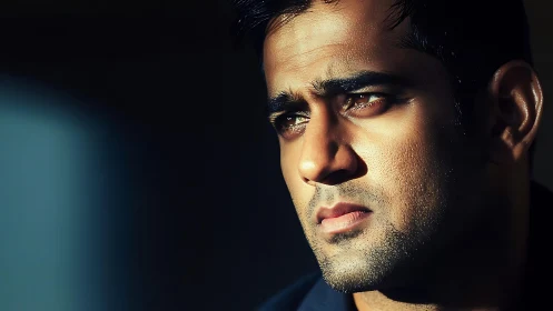 Close-up portrait of serious man in dramatic side light.