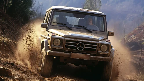 Mercedes SUV moves along uneven dirt trail in rural terrain