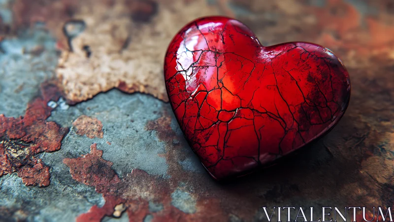 A Radiant Red Heart Resting on Weathered Ground.