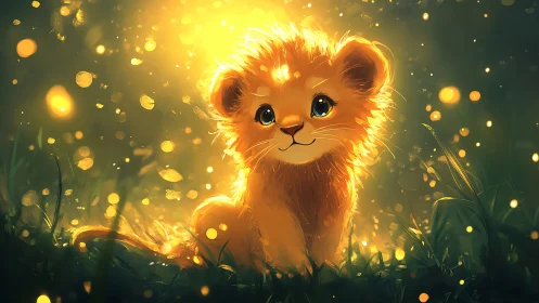 Glowing baby lion cub in magical golden firefly meadow.