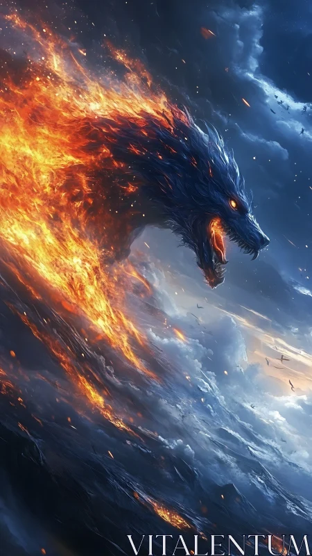 Stormfire dragon rising where ocean waves meet sky flame.