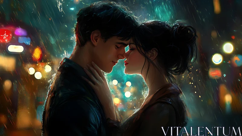 Two souls converge in rain-drenched neon glow. A romantic digital reverie.